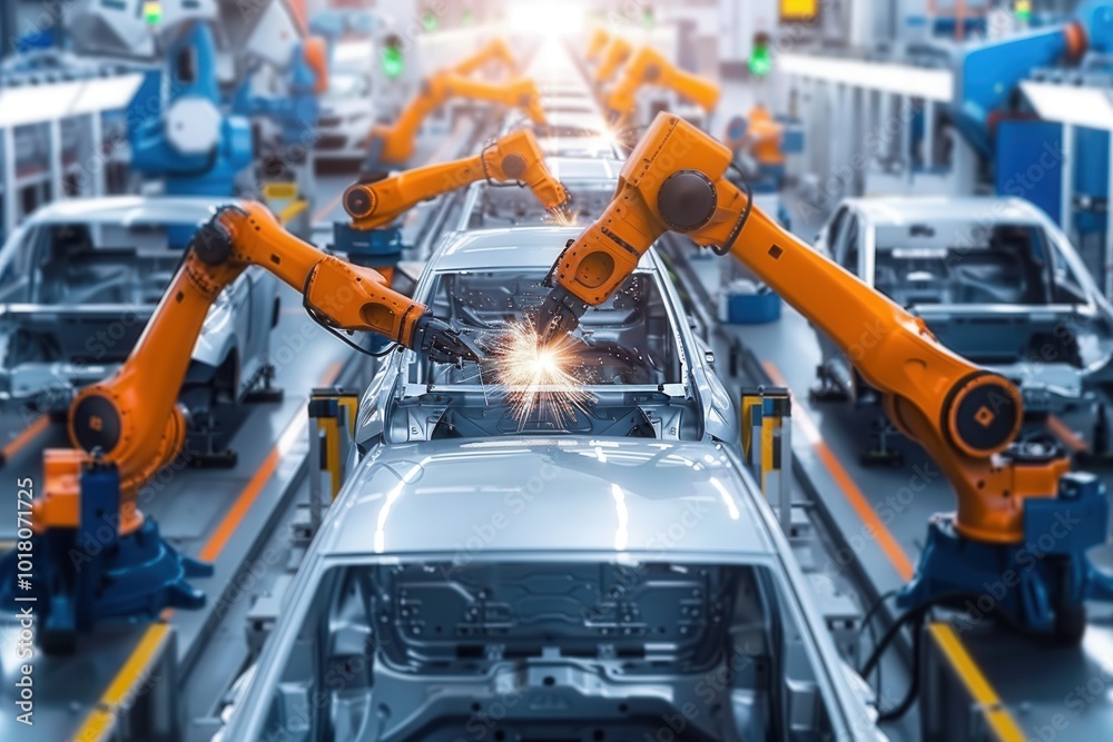 Robotic arms carry out precise tasks on a car assembly line, enhancing efficiency and ensuring quality in manufacturing processes. Generative AI Robotic arms carry out precise tasks on a car assembly line, enhancing efficiency and ensuring quality in manufacturing processes. Generative AI