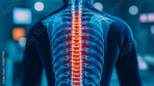 Human spine structure with highlighted vertebrae on a dark background.