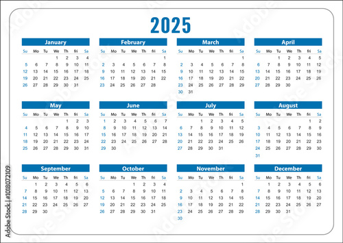 Blue pocket calendar for 2025. Vector calendar template for business, Blue on a white background. The week starts on Sunday.