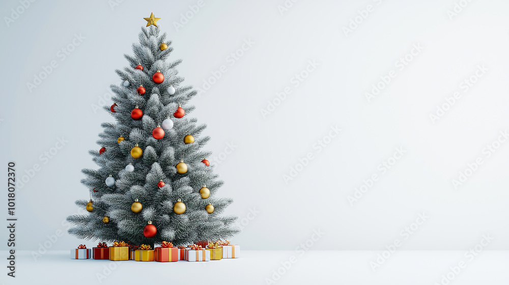 A white Christmas tree with red ornaments on it A white Christmas tree with red ornaments on it