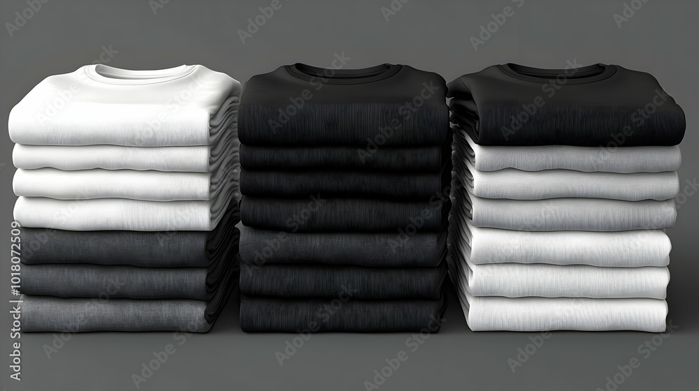Stacked t-shirts in varying shades of white, gray, and black. Stacked t-shirts in varying shades of white, gray, and black.