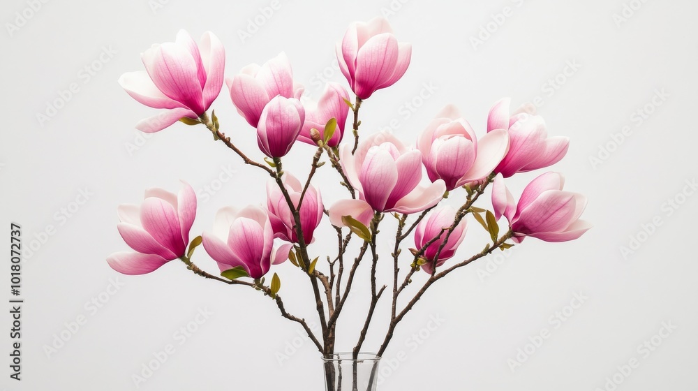 Beautiful magnolia blossoms arranged in a vase against a plain white backdrop. Beautiful magnolia blossoms arranged in a vase against a plain white backdrop.