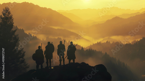 Silhouette of four medieval adventurers overlooking a breathtaking mountainous landscape at sunset