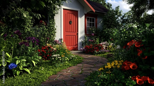 A charming cottage with a red door and a lush flower garden.