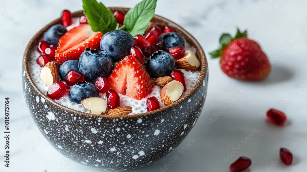Paleo low-carb, ketogenic diet—not oatmeal porridge for breakfast. Almond, strawberry, blueberry, pomegranate, and coconut chia pudding Paleo low-carb, ketogenic diet—not oatmeal porridge for breakfast. Almond, strawberry, blueberry, pomegranate, and coconut chia pudding