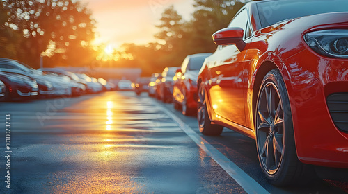 Sunset over a parking lot with parked cars and reflections.