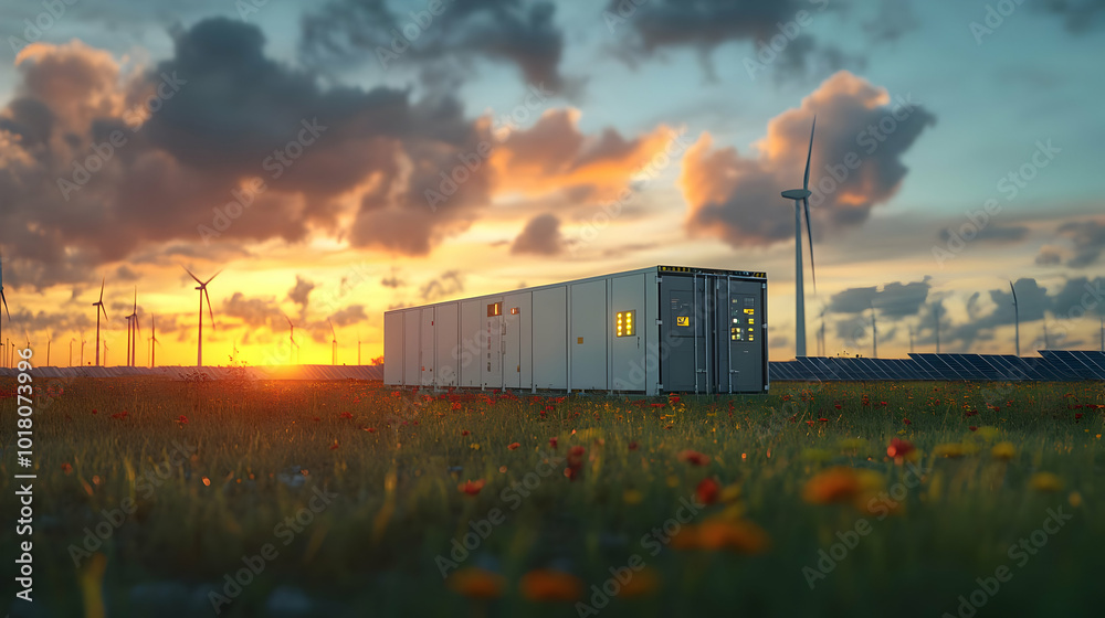 Sunset over a solar and wind energy site with storage containers. Sunset over a solar and wind energy site with storage containers.