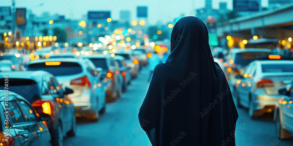 Back view of a woman wearing a hijab headscarf against the background of a busy city. Concept of righteous Muslim faith in a big city Back view of a woman wearing a hijab headscarf against the background of a busy city. Concept of righteous Muslim faith in a big city