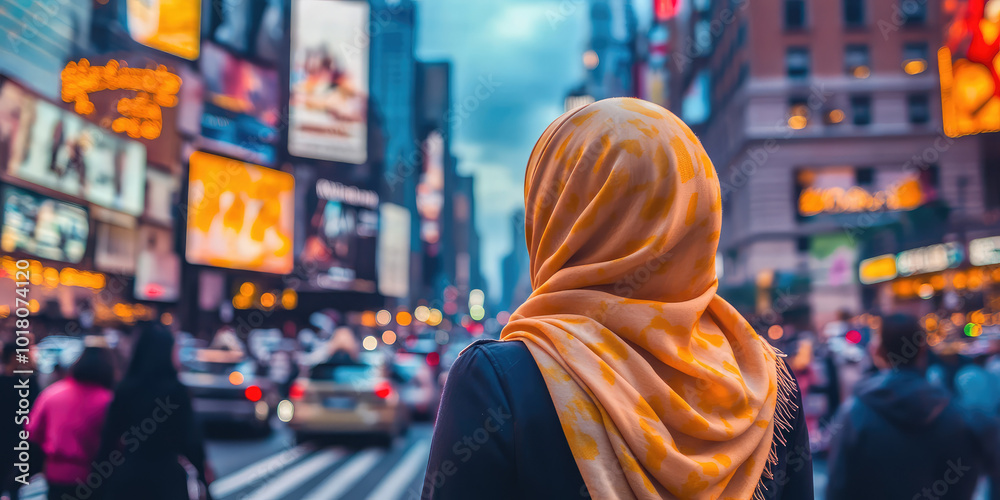 Back view of a woman wearing a hijab headscarf against the background of a busy city. Concept of righteous Muslim faith in a big city Back view of a woman wearing a hijab headscarf against the background of a busy city. Concept of righteous Muslim faith in a big city