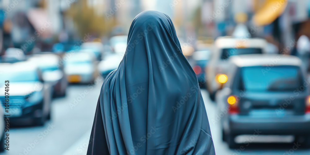 Back view of a woman wearing a hijab headscarf against the background of a busy city. Concept of righteous Muslim faith in a big city Back view of a woman wearing a hijab headscarf against the background of a busy city. Concept of righteous Muslim faith in a big city