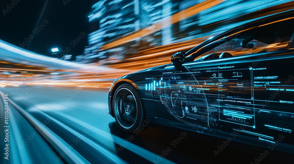 Futuristic Car with Advanced Technology Displaying Digital Information on a Night Drive Futuristic Car with Advanced Technology Displaying Digital Information on a Night Drive