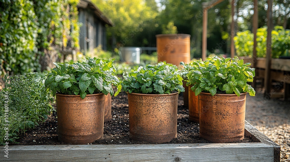 Rustic copper planters filled mint and basil oldfashioned watering cans beside raised beds of compostrich soil wooden trellises supporting vines nutrientrich compost bins in the distance Rustic copper planters filled mint and basil oldfashioned watering cans beside raised beds of compostrich soil wooden trellises supporting vines nutrientrich compost bins in the distance