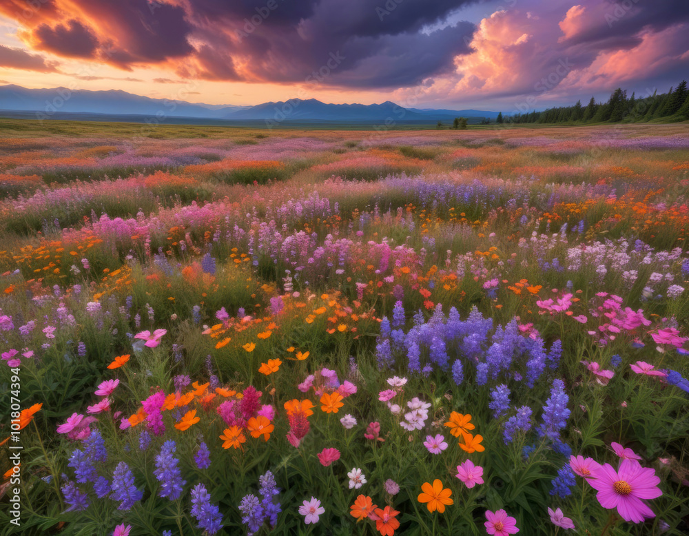 Fototapeta premium Colorful wild flowers against a cloudy sunset sky