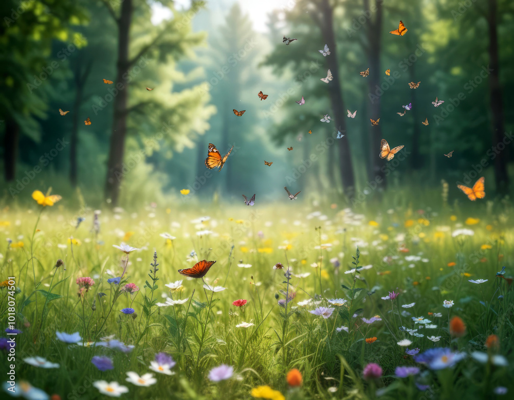 Fototapeta premium Meadow with wild flowers and butterflies surrounded by forest