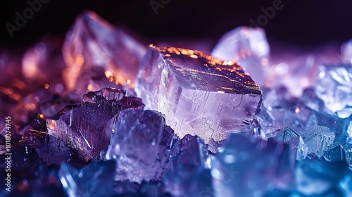 Close-up of crystal-like rocks glowing with soft light, magical atmosphere photo