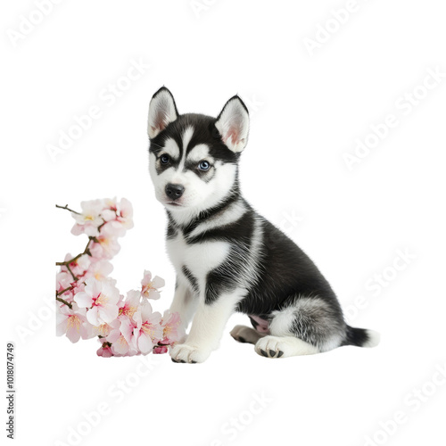 Adorable Husky Puppy Sitting with Pink Flowers