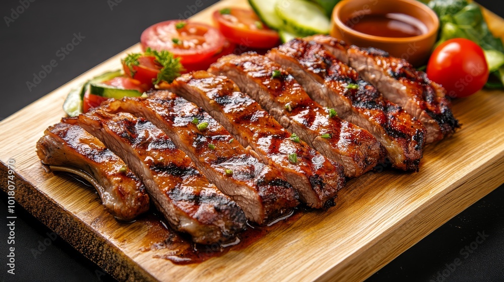 Grilled meat slices with a flavorful sauce and fresh vegetables, served on a wooden platter. Grilled meat slices with a flavorful sauce and fresh vegetables, served on a wooden platter.