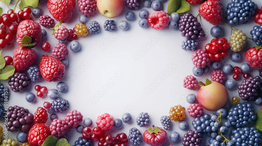 A close up of a variety of berries including blueberries, raspberries, and strawberries. Concept of abundance and freshness, as the berries are spread out in a circular pattern on a white background A close up of a variety of berries including blueberries, raspberries, and strawberries. Concept of abundance and freshness, as the berries are spread out in a circular pattern on a white background