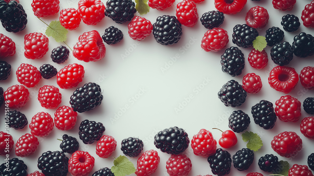 A close up of a variety of berries including blueberries, raspberries, and strawberries. Concept of abundance and freshness, as the berries are spread out in a circular pattern on a white background