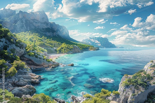 Discover the beauty of a tranquil beach where clear turquoise waters meet rugged cliffs, surrounded by lush greenery and distant mountains. Generative AI photo