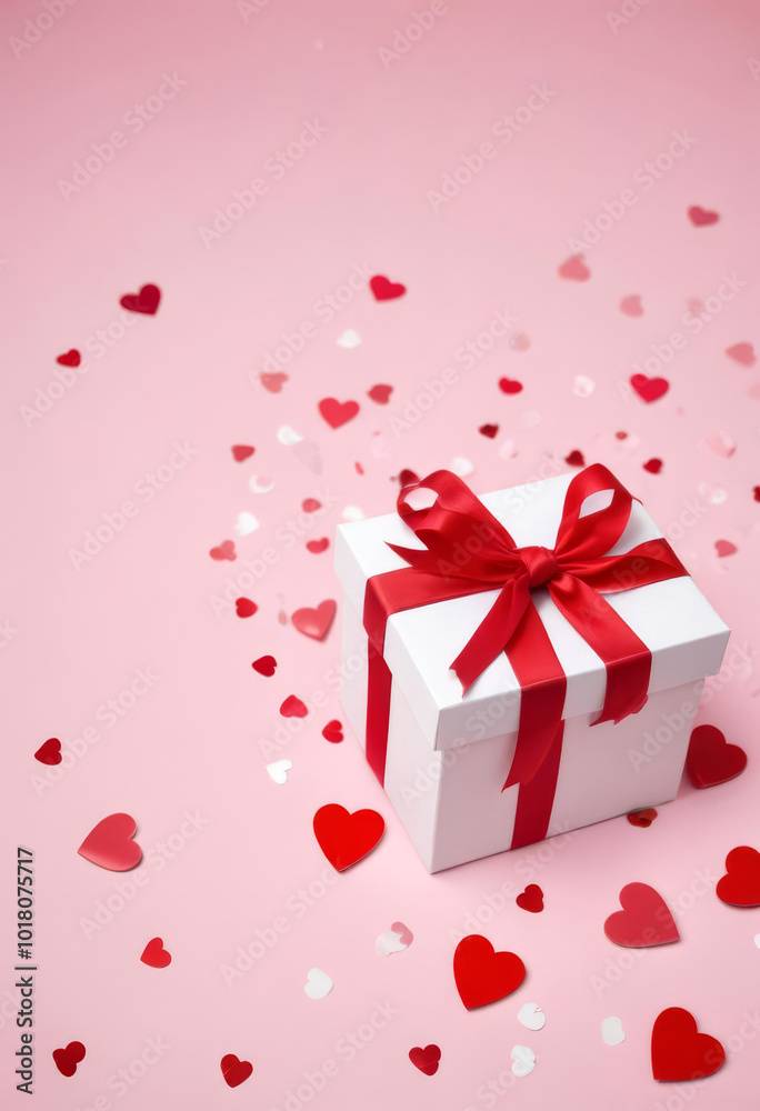 White box with red ribbon and hearts on pink background
