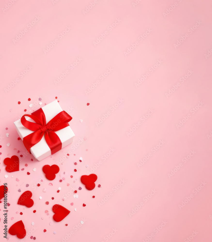 White box with red ribbon and hearts on pink background White box with red ribbon and hearts on pink background