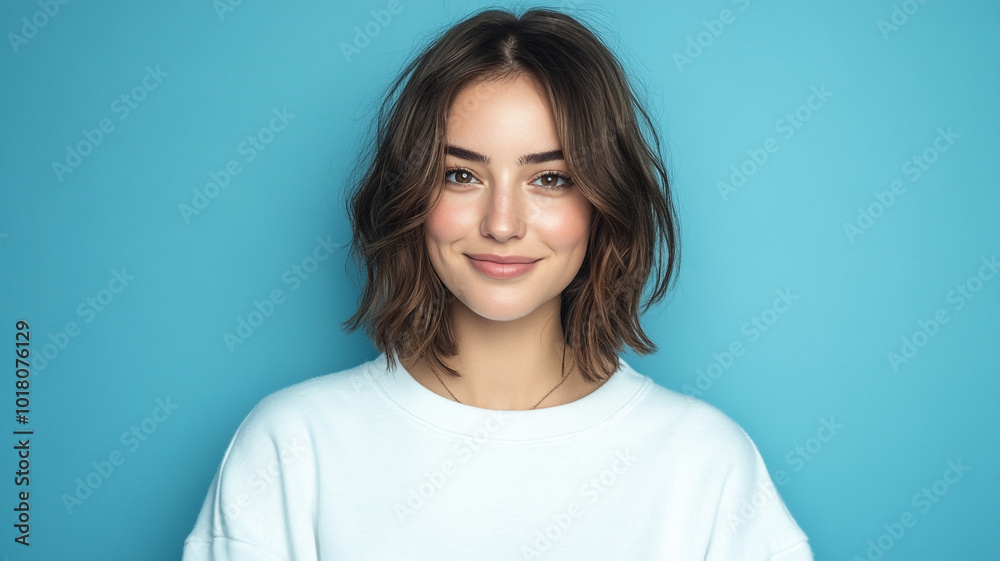 smiling woman in a white sweatshirt on a blue background. smiling woman in a white sweatshirt on a blue background.