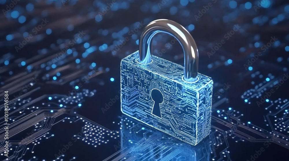 Digital Security Concept with a Padlock on a Circuit Board Background Digital Security Concept with a Padlock on a Circuit Board Background