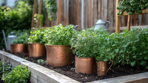 Rustic copper planters fresh herbs vintage watering cans beside raised beds trellises overflowing with climbing beans compost piles in the distance earthy soil throughout