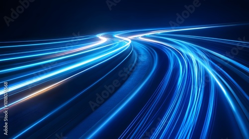 Luminous blue lines speed. Neon color glowing lines background, high-speed light trails effect. Futuristic dynamic motion technology.