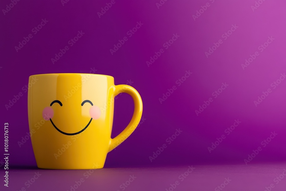 Cheerful Yellow Mug with Smiley Face on Purple Background Cheerful Yellow Mug with Smiley Face on Purple Background
