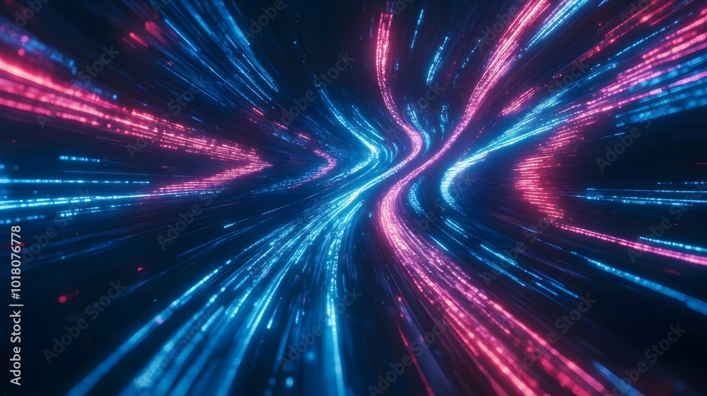 Obraz premium Luminous blue lines speed. Neon color glowing lines background, high-speed light trails effect. Futuristic dynamic motion technology.