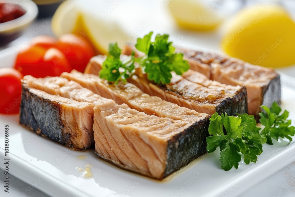 Tuna,Canned fish on white plate - generative ai Tuna,Canned fish on white plate - generative ai