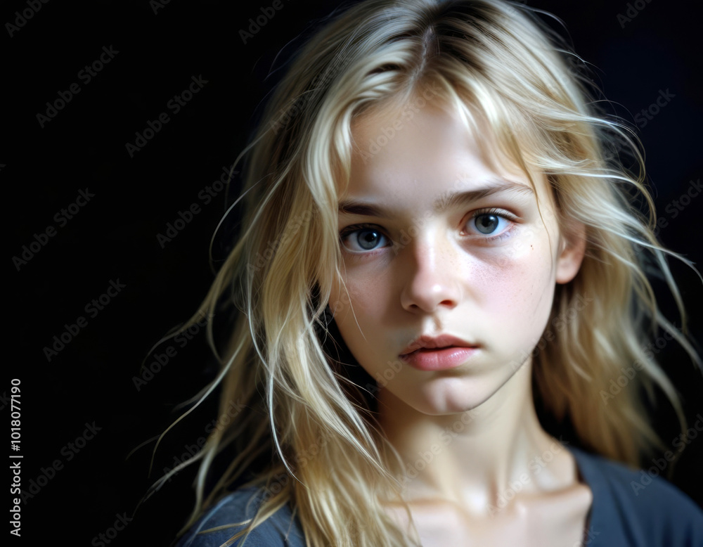 Portrait of a sad teenage girl on a black background Portrait of a sad teenage girl on a black background
