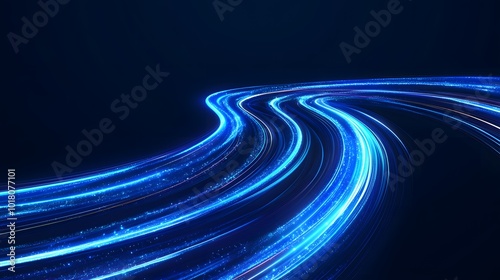 Luminous blue lines speed. Neon color glowing lines background, high-speed light trails effect. Futuristic dynamic motion technology.