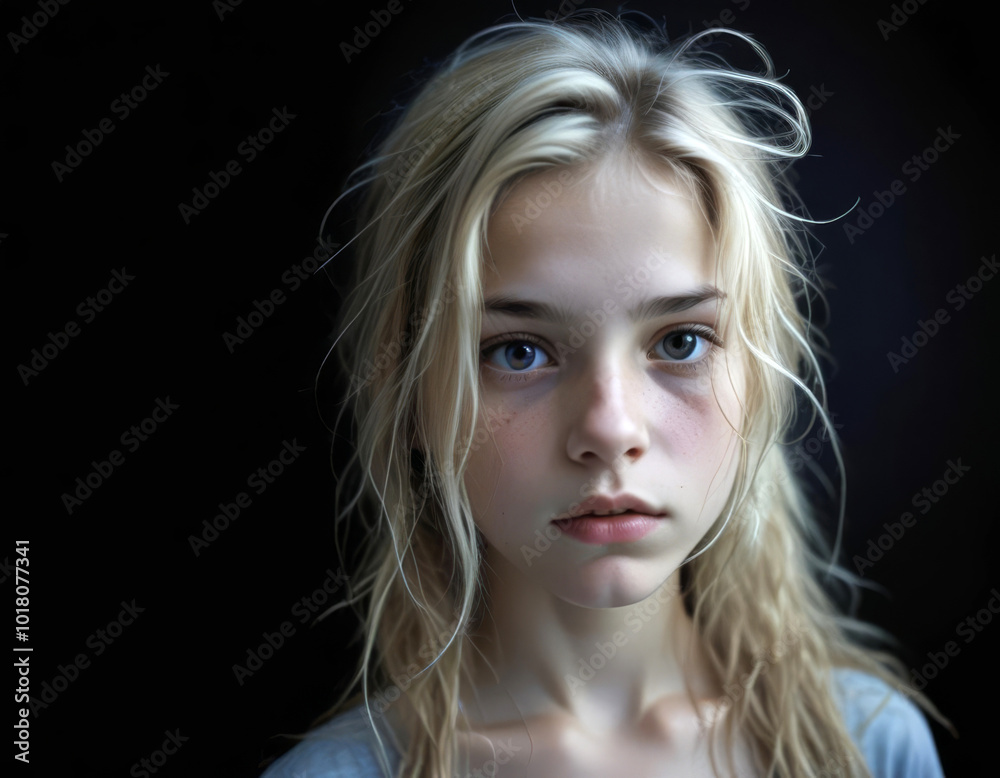 Portrait of a sad teenage girl on a black background Portrait of a sad teenage girl on a black background