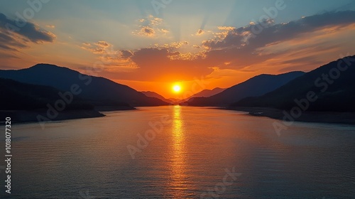 A scenic view of a lake and mountains at sunset, with the sun setting over the water and casting golden rays of light.