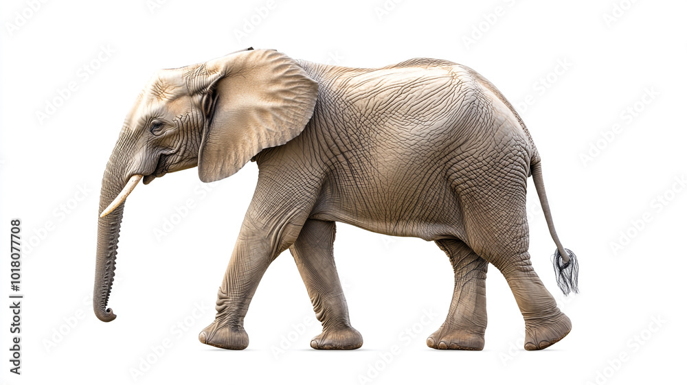 Fototapeta premium Side view of an elephant walking isolated on white background