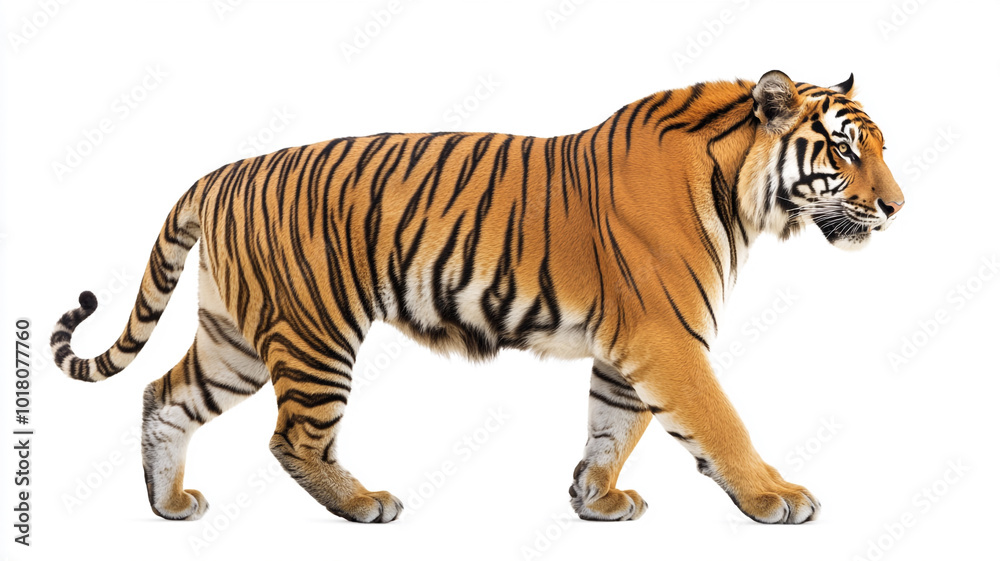 Side view of a tiger walking isolated on white background Side view of a tiger walking isolated on white background