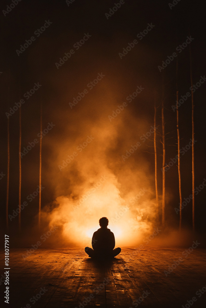 person meditating in a mysterious forest with fog person meditating in a mysterious forest with fog