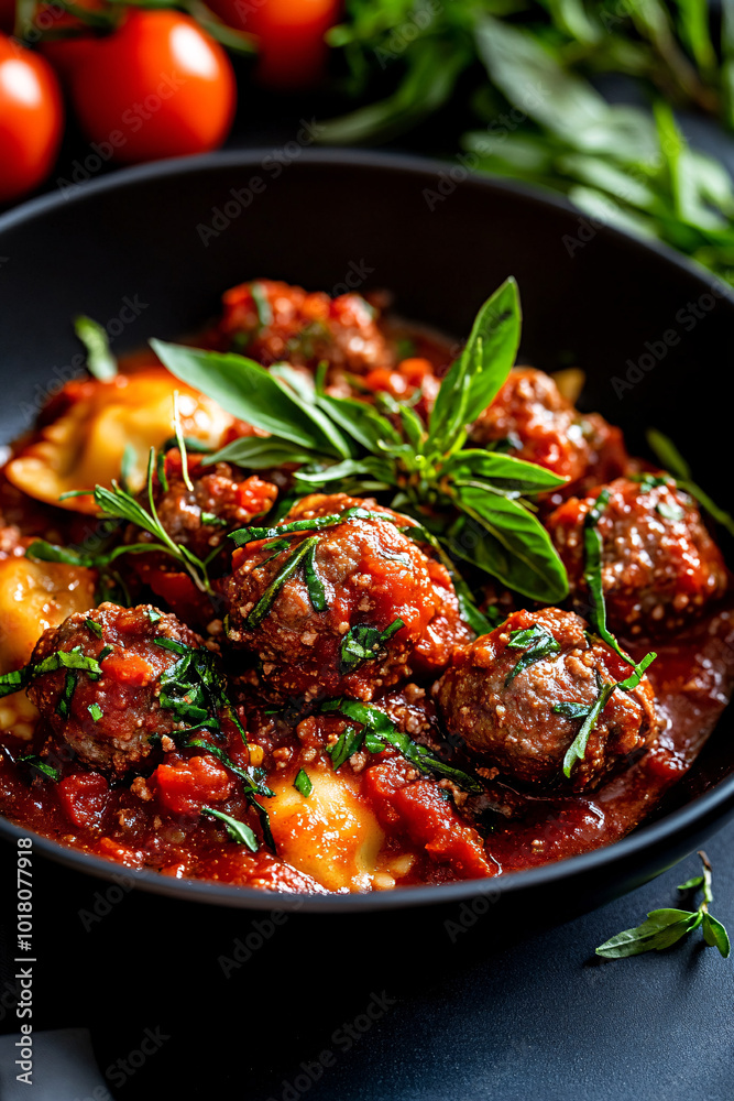 delicious meatballs in tomato sauce with herbs