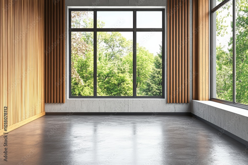 Fototapeta premium Spacious modern room with large windows nature view