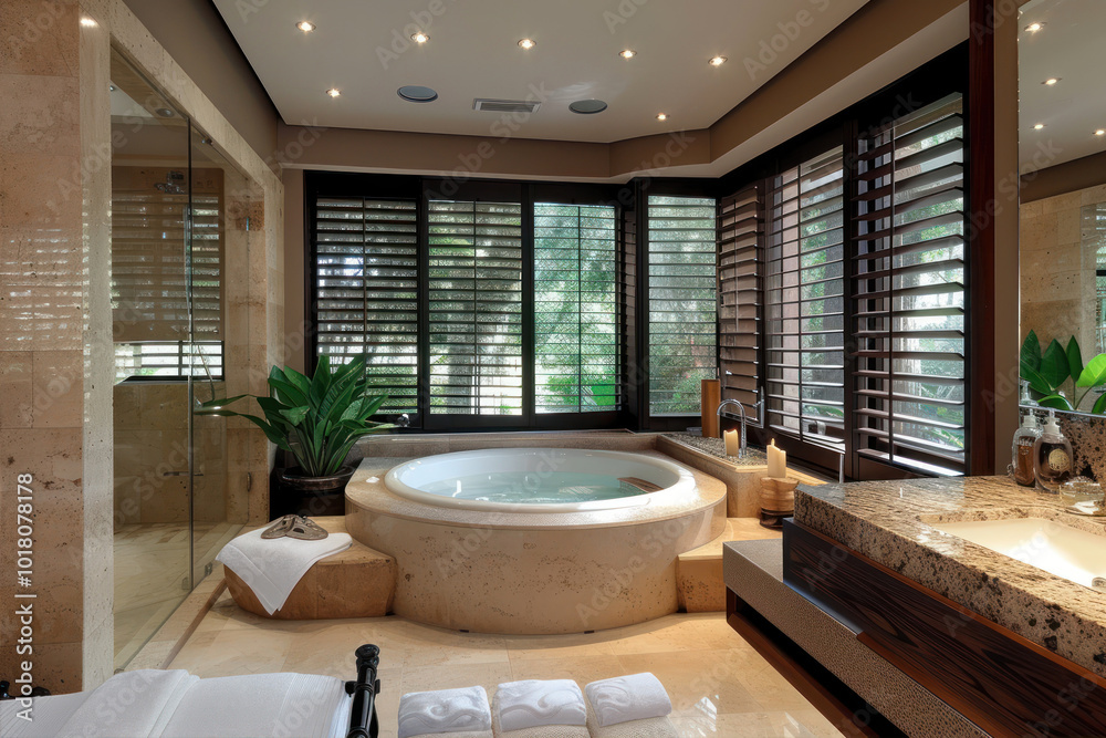 Luxurious spa-inspired bathroom featuring a soaking tub, natural light, and elegant design in a serene setting Luxurious spa-inspired bathroom featuring a soaking tub, natural light, and elegant design in a serene setting