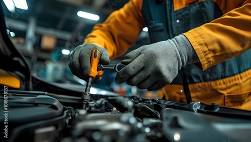 A mechanic working on a car engine, using a wrench and screwdriver.