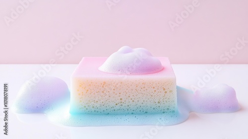 Sponge with colorful foam on a white background with pink paste color. Beside it, there is a piece of colorful soft soap foam bubble on the front and back