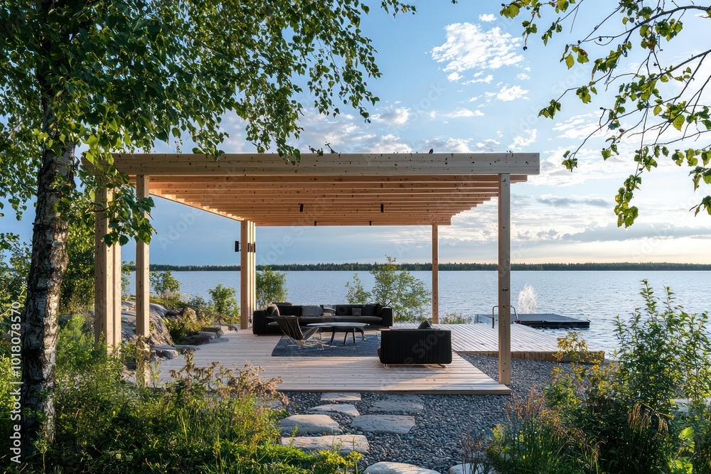 Finnish pergola by the lakeside offers minimalist design and serene water views. Finnish pergola by the lakeside offers minimalist design and serene water views.