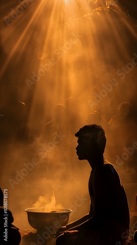 Spiritual Silhouette in Golden Light: A Moment of Sacred Offering photo