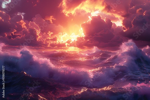 Dramatic Sunset Over Turbulent Ocean Waves with Vibrant Clouds