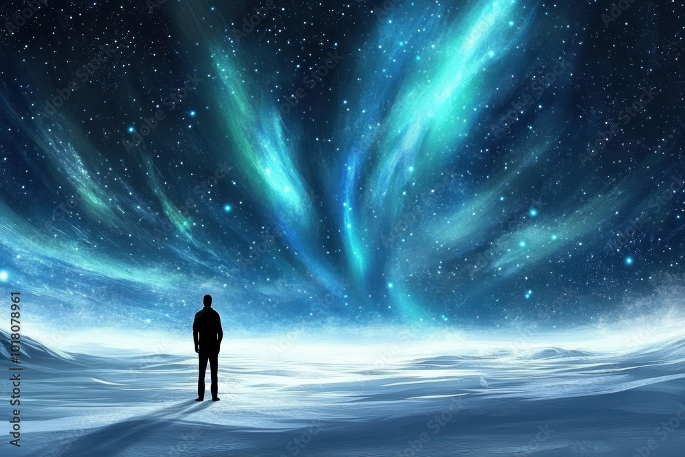 Lone explorer witnessing awe-inspiring aurora in snowy landscape Lone explorer witnessing awe-inspiring aurora in snowy landscape