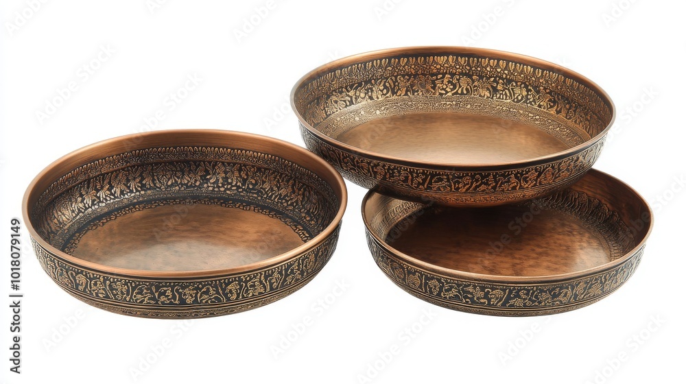 These are beautiful bowls and trays made from metal and brass. They have a classic, antique look and are perfect for displaying or serving items. The white background makes them stand out nicely. These are beautiful bowls and trays made from metal and brass. They have a classic, antique look and are perfect for displaying or serving items. The white background makes them stand out nicely.